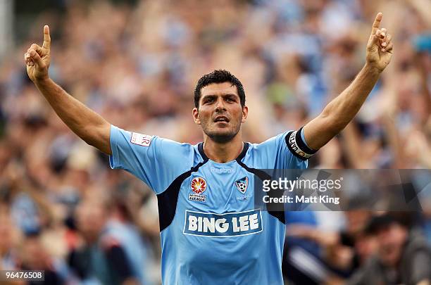 John Aloisi of Sydney celebrates scoring the final goal during the round 26 A-League match between Sydney FC and the Perth Glory at Parramatta...