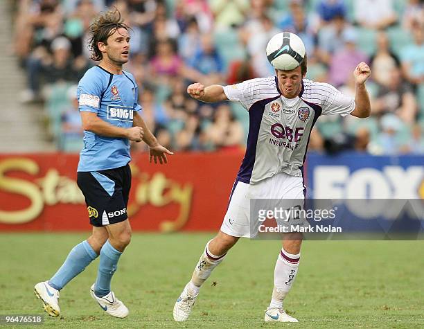 Scott Bulloch of Perth heads the ball during the round 26 A-League match between Sydney FC and the Perth Glory at Parramatta Stadium on February 7,...