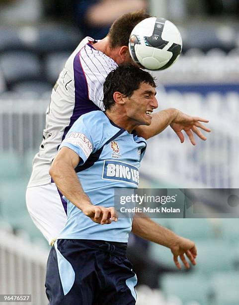 Simon Colosimo of Sydney heads the ball during the round 26 A-League match between Sydney FC and the Perth Glory at Parramatta Stadium on February 7,...