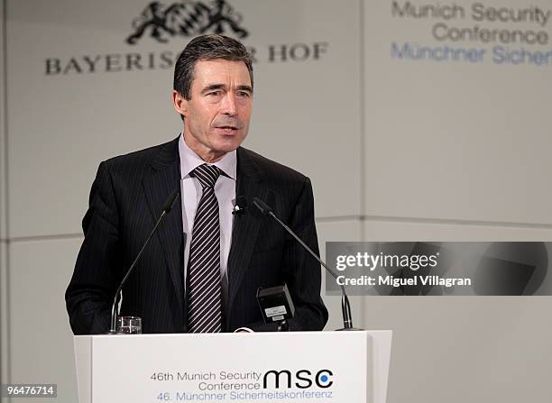General Secretary Anders Fogh Rasmussen addresses the audience during the 46th Munich Security Conference at the Bayerischer Hof hotel in Munich on...
