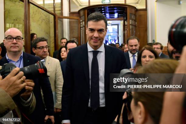 Leader of the Spanish Socialist Party PSOE, Pedro Sanchez arrives for a debate on a no-confidence motion tabled by his party at the Lower House of...