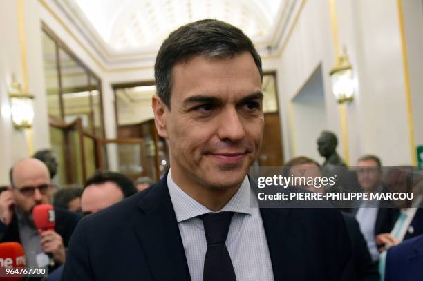 Leader of the Spanish Socialist Party PSOE, Pedro Sanchez arrives for a debate on a no-confidence motion tabled by his party at the Lower House of...