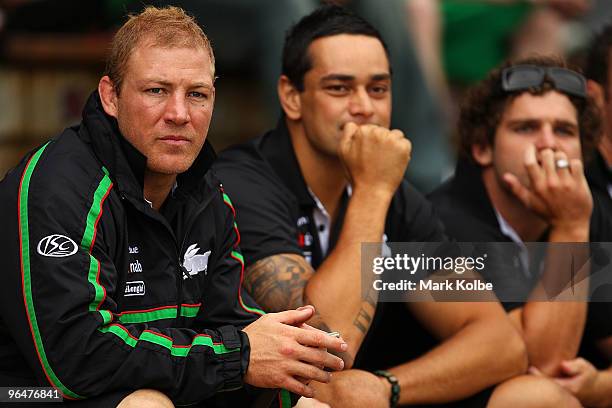 Michael Croker of the Rabbitohs watches on from the stands during the NRL trial match between South Sydney Rabbitohs and Manly Sea Eagles at Redfern...