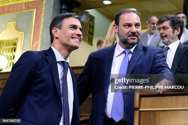 Leader of the Spanish Socialist Party PSOE, Pedro Sanchez and Socialist MP's Jose Luis Abalos arrive for a debate on a no-confidence motion at the...