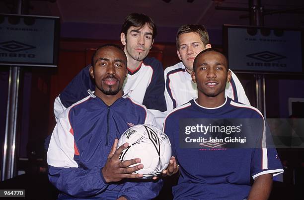 Robert Pires , John Harley , Jermaine Defoe and Darius Vassell model the latest sports wear at the Umbro Launch Pro Training Collection in London. \...