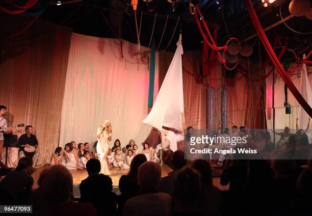 Aerialists perform at the 'Hands For Haiti' acoustic cirque show to benefit Doctors Without Borders at Le Studio Theater Space on February 6, 2010 in...