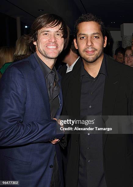 Jim Carey and David Blaine attend the 4th annual Saturday Night Spectacular celebration at The Bank of America Tower on February 6, 2010 in Miami,...