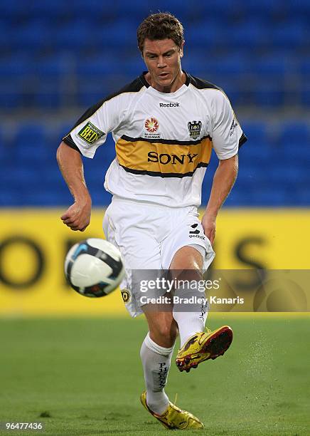 Tony Lochhead of the Phoenix kicks the ball during the round 26 A-League match between Gold Coast United and Wellington Phoenix at Skilled Park on...