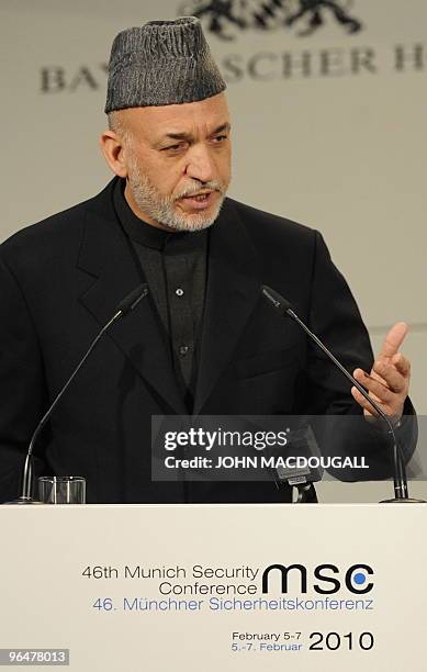 Afghan President Hamid Karzai addresses participants prior to a panel discussion on Afghanistan at the 46th Munich Security Conference at the...