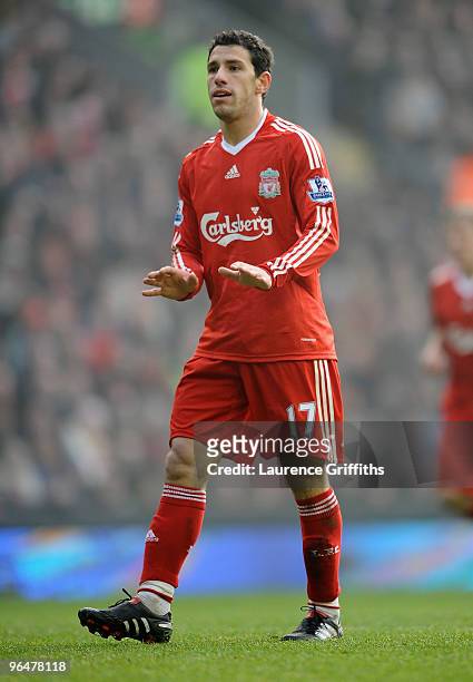 Maxi Rodriguez of Liverpool gestures during the Barclays Premier League match between Liverpool and Everton at Anfield on February 6, 2010 in...