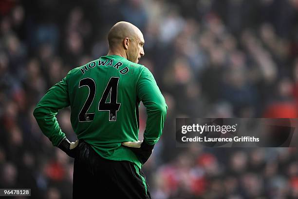 Tim Howard of Everton looks on during the Barclays Premier League match between Liverpool and Everton at Anfield on February 6, 2010 in Liverpool,...