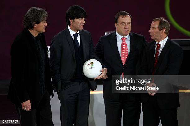 Dietmar Constantini coach of Austria, Joachim Low coach of Germany, Dick Advocaat coach of Belgium and Berti Vogts coach of Azerbaijan pose after...