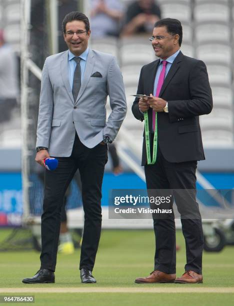Former Pakistan fast bowlers Wasim Akram and Waqar Younis during Day Two of the 1st NatWest Test Match between England and Pakistan at Lord's Cricket...