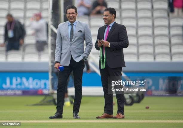Former Pakistan fast bowlers Wasim Akram and Waqar Younis during Day Two of the 1st NatWest Test Match between England and Pakistan at Lord's Cricket...