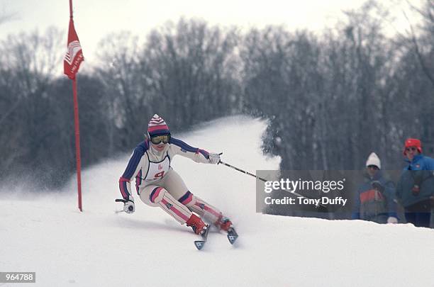 Hanni Wenzel of Liechtenstein in action in an alpine skiing event during the Winter Olympics Games in Lake Placid, NY, USA. Wenzel won two gold...