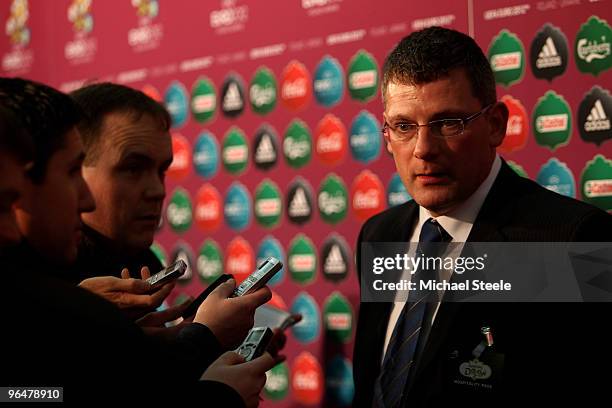 Craig Levein coach of Scotland addresses the media after the Euro2012 Qualifying Draw at the Palace of Culture and Science on February 7, 2010 in...