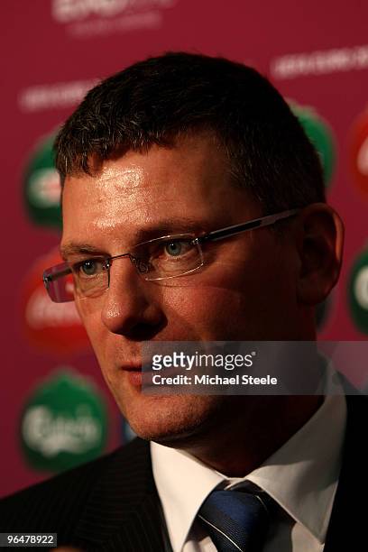 Craig Levein coach of Scotland addresses the media after the Euro2012 Qualifying Draw at the Palace of Culture and Science on February 7, 2010 in...