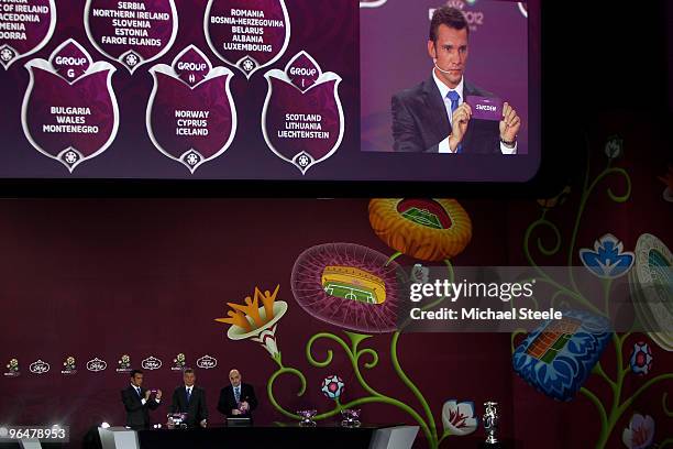 Andriy Shevchenko of Ukraine draws Sweden into Group E during the Euro2012 Qualifying Draw at the Palace of Culture and Science on February 7, 2010...