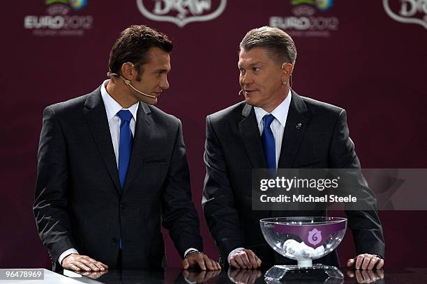 Andriy Shevchenko alongside Oleg Blokhin during the Euro2012 Qualifying Draw at the Palace of Culture and Science on February 7, 2010 in Warsaw,...