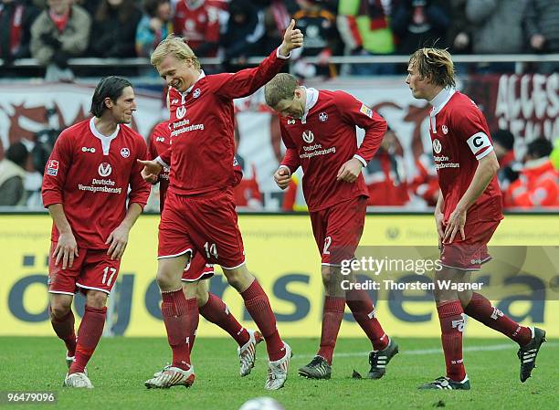 Manuel Hornig celebrates after scoring the 3:0 during the Second Bundesliga match between 1.FC Kaiserslautern and SC Paderborn at Fritz- Walter...