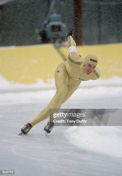 Eric Heiden of the USA in action in a speed skating event during the Winter Olympic Games in Lake Placid, NY, USA. Heiden won 5 gold medals. \...