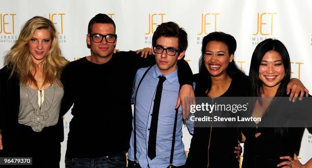 Television personalities Dianna Agron, Mark Salling, Kevin McHale, Naya Rivera and Jenna Ushkowitz are the cast members of "Glee" who arrived for...