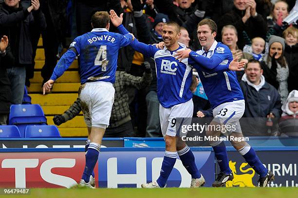 Kevin Phillips of Birmingham City celebrates his goal to make it 1-1 with team mates Lee Bowyer and Craig Gardner during the Barclays Premier League...