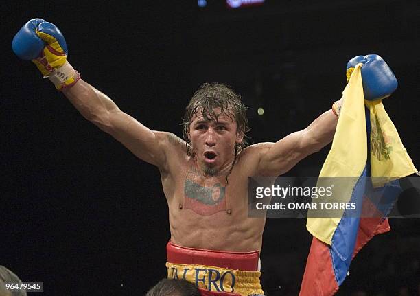 World Boxing Council World Champion of the Lightweight division Edwin Valero from Venezuela, celebrates after winning against interim champion...