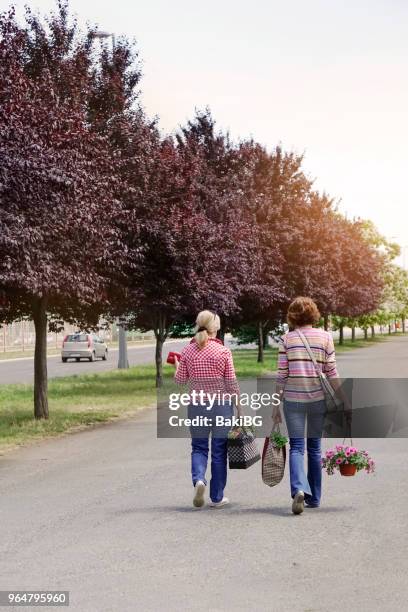 senior vriendinnen boodschappen te doen - bakibg stockfoto's en -beelden