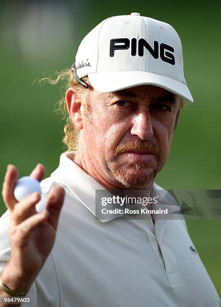 Miguel Angel Jimenez of Spain during the final round of the Omega Dubai Desert Classic on the Majlis Course at the Emirates Golf Club on February 7,...