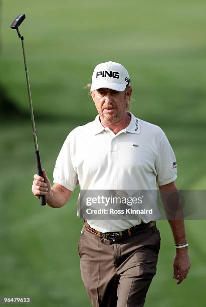 Miguel Angel Jimenez of Spain during the final round of the Omega Dubai Desert Classic on the Majlis Course at the Emirates Golf Club on February 7,...