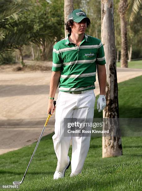 Rory McIlroy of Northern Ireland on the par four 17th hole during the final round of the Omega Dubai Desert Classic on the Majlis Course at the...