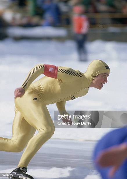 Eric Heiden of the USA in action in a speed skating event during the Winter Olympic Games in Lake Placid, NY, USA. . Heiden won 5 gold medals. \...