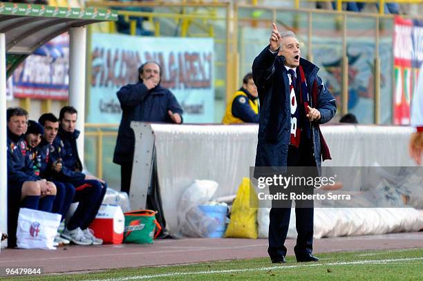 Franco Colomba coach of Bologna reacts during the Serie A match between Bologna and AC Milan at Stadio Renato Dall'Ara on February 7, 2010 in...