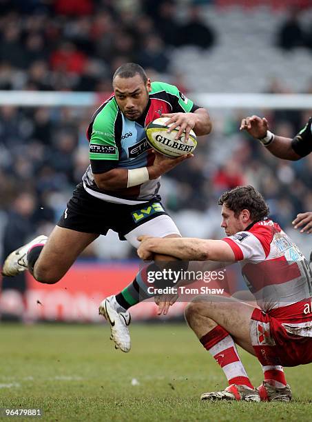 Jordan Turner-Hall of Quins evades a tackle during the LV Anglo Welsh Cup match between Harlequins and Gloucester at The Stoop on February 7, 2010 in...