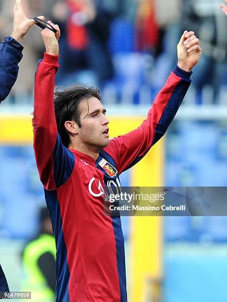 Robert Acquafresca of Genoa CFC celebrates the victory after the Serie A match between Genoa CFC and AC Chievo Verona at Stadio Luigi Ferraris on...