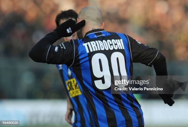 Simone Tiribocchi of Atalanta BC celebrates his goal during the Serie A match between Atalanta BC and AS Bari at Stadio Atleti Azzurri d'Italia on...