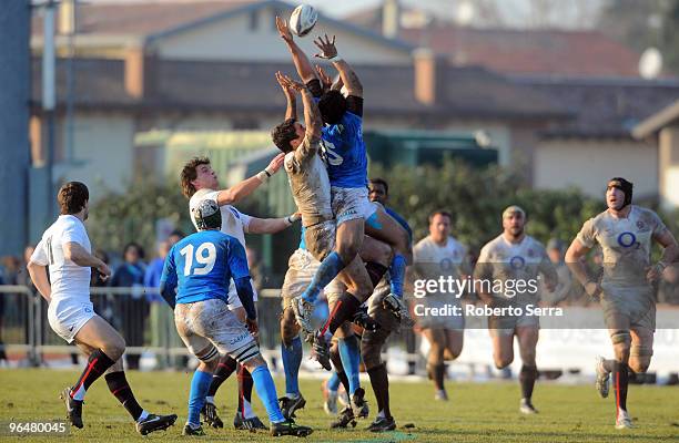 Hendre Fourie of England Saxons competes with Santiago Dellape of Italy A during the match between Italy A and England Saxons on February 7, 2010 in...