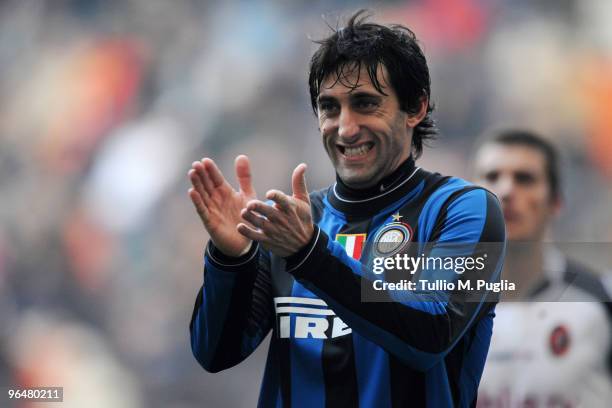 Diego Milito of Internazionale Milano applauds during the Serie A match between FC Internazionale Milano and Cagliari Calcio at Stadio Giuseppe...