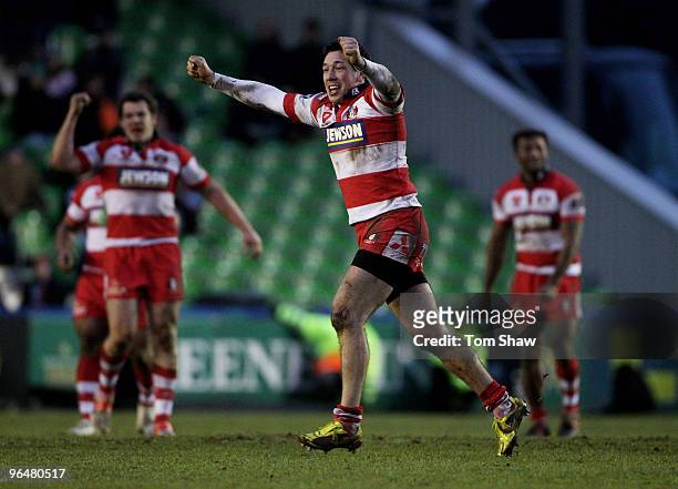 Tom Voyce of Gloucester celebrates after winning the match during the LV Anglo Welsh Cup match between Harlequins and Gloucester at The Stoop on...