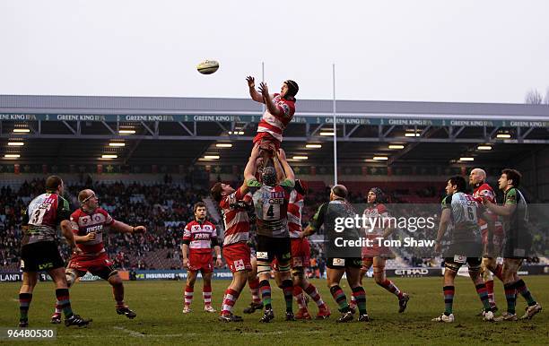 Adam Eustace of Gloucester wins the line out during the LV Anglo Welsh Cup match between Harlequins and Gloucester at The Stoop on February 7, 2010...