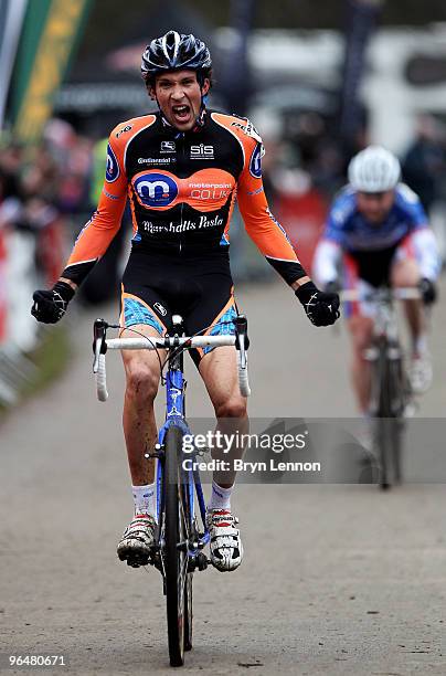 Ian Bibby of Motorpoint-Marshalls Pasta RT celebrates winning the National Cyclo Cross Champs at Sutton Park on February 7, 2010 in Birmingham,...