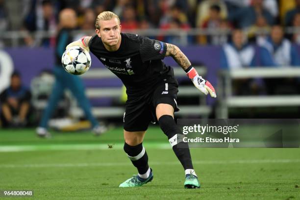 Loris Karius of Liverpool about to throw the ball resulting in the first goal of Real Madrid during the UEFA Champions League final between Real...