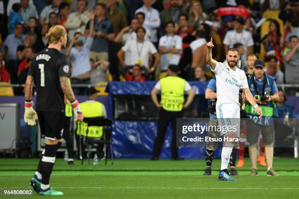 Karim Benzema of Real Madrid celebrates scoring the opening goal during the UEFA Champions League final between Real Madrid and Liverpool at NSC...