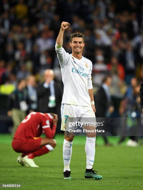 Cristiano Ronaldo of Real Madrid celebrates after the UEFA Champions League final between Real Madrid and Liverpool at NSC Olimpiyskiy Stadium on May...
