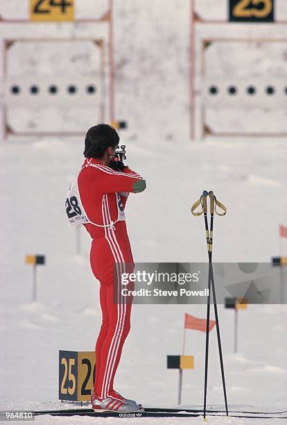 Alexander Tikhonov of the USSR takes aim in a biathlon event during the Winter Olympics Games in Lake Placid, NY, USA. \ Mandatory Credit: Steve...