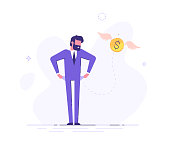 Frustrated businessman is turning out his empty pockets. Financial troubles. Flat modern illustration.