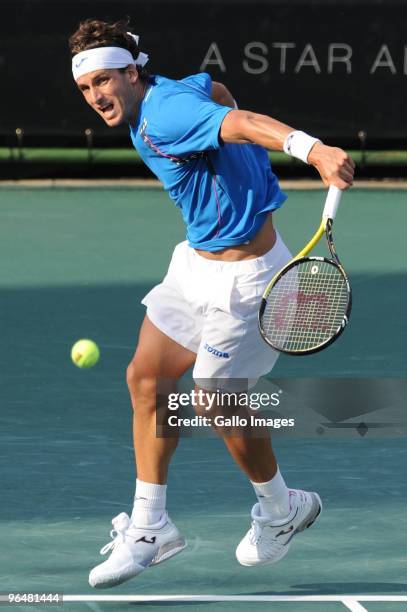 Feliciano Lopez of Spain competes during the Men's Singles Final against Stephane Robert of France during day 7 of the 2010 South African Tennis Open...