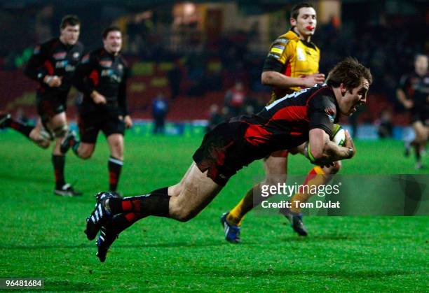 Chris Wyles of Saracens scores a try during the LV Anglo Welsh Cup match between Saracens and NG Dragons on February 07, 2010 in Watford, England.