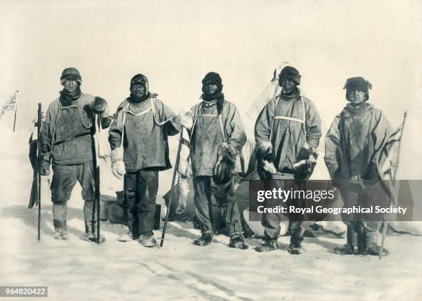 At the South Pole - Wilson, Scott, Evans, Oates, Bowers with Amundsen's tent behind them, Antarctica, 17th January 1912. British Antarctic Expedition...